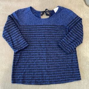 Sezane Navy Blue Cotton Sheer Lace PolkStripe Keyhole Top 34/2/S